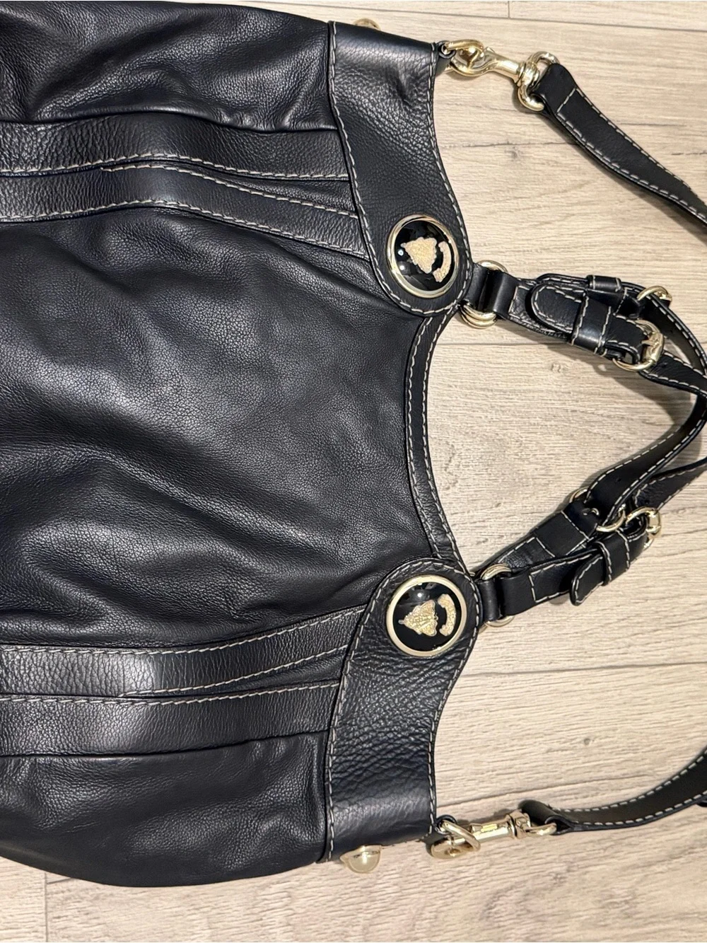 Authentic Gucci Black Leather Shoulder Bag with Gold Hardware